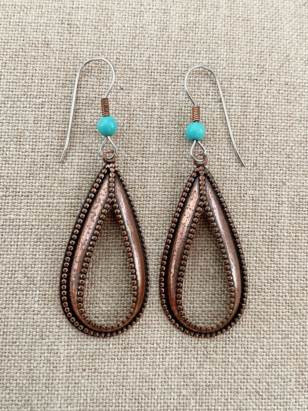 Copper Teardrop Dangle Earrings Turquoise Bead Boho Southwest